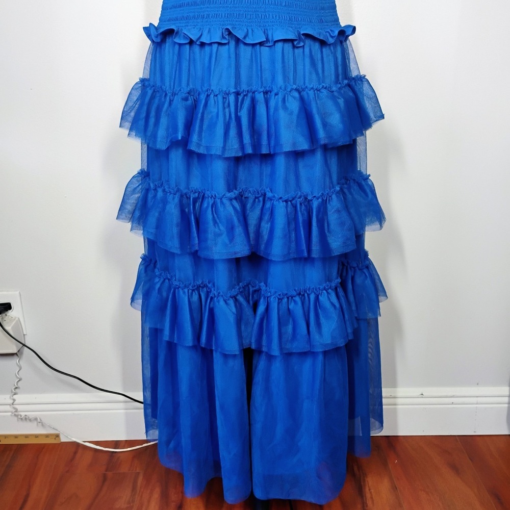 ME+EM Ethereal Tulle Shirred Midi Dress Womens 8 Royal Blue Tiered Wedding Party - Picture 5 of 15